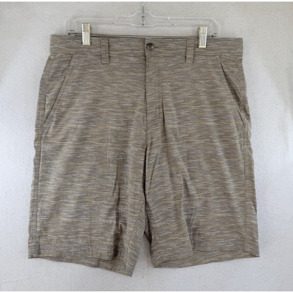 Eddie Bauer Travex Shorts Mens 33 Brown Stripes Nylon Spandex Zip Pocket Outdoor